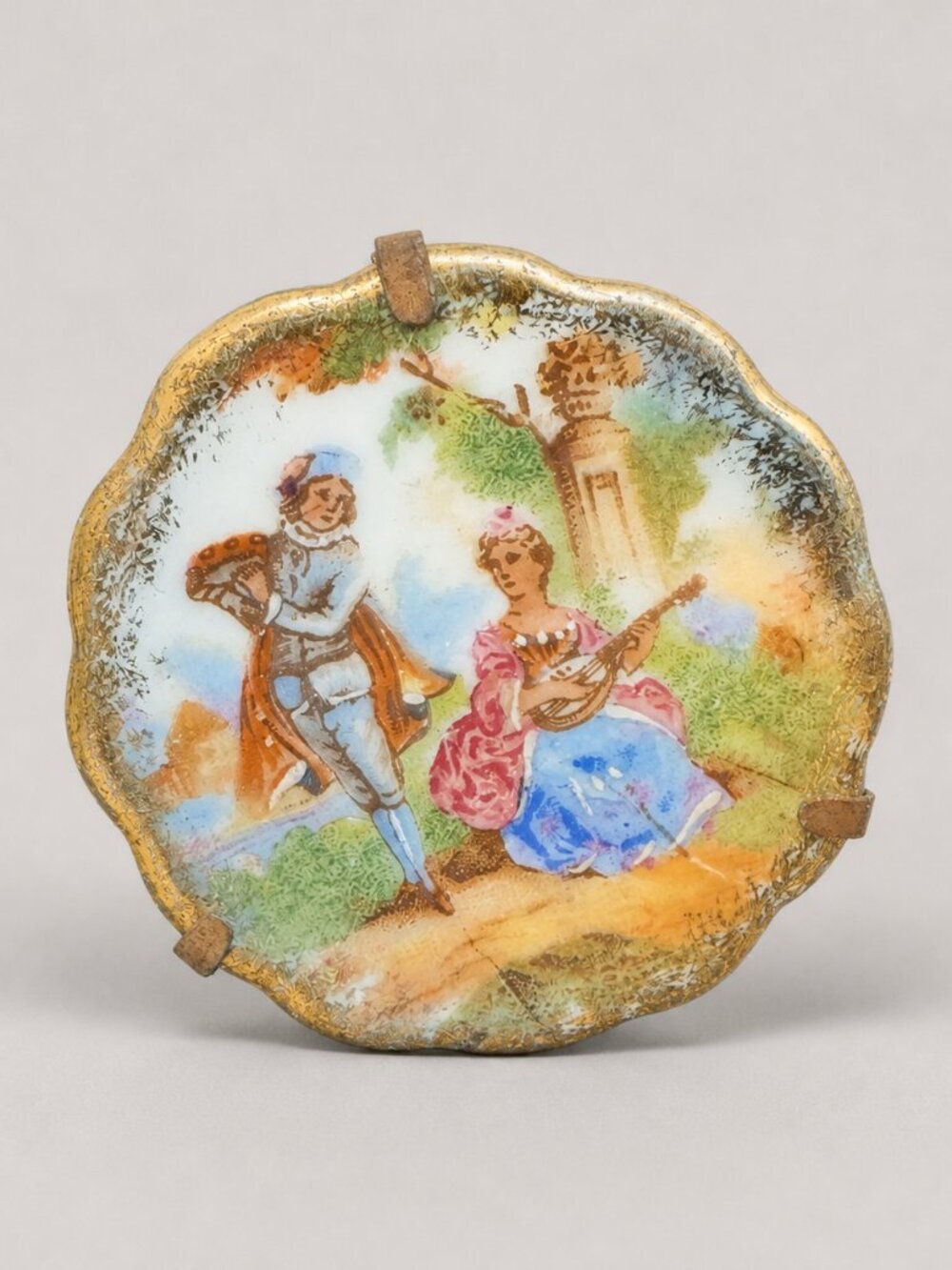 Vintage Limoges France Porcelain Courting Couple Brooch Pin Mini Plate